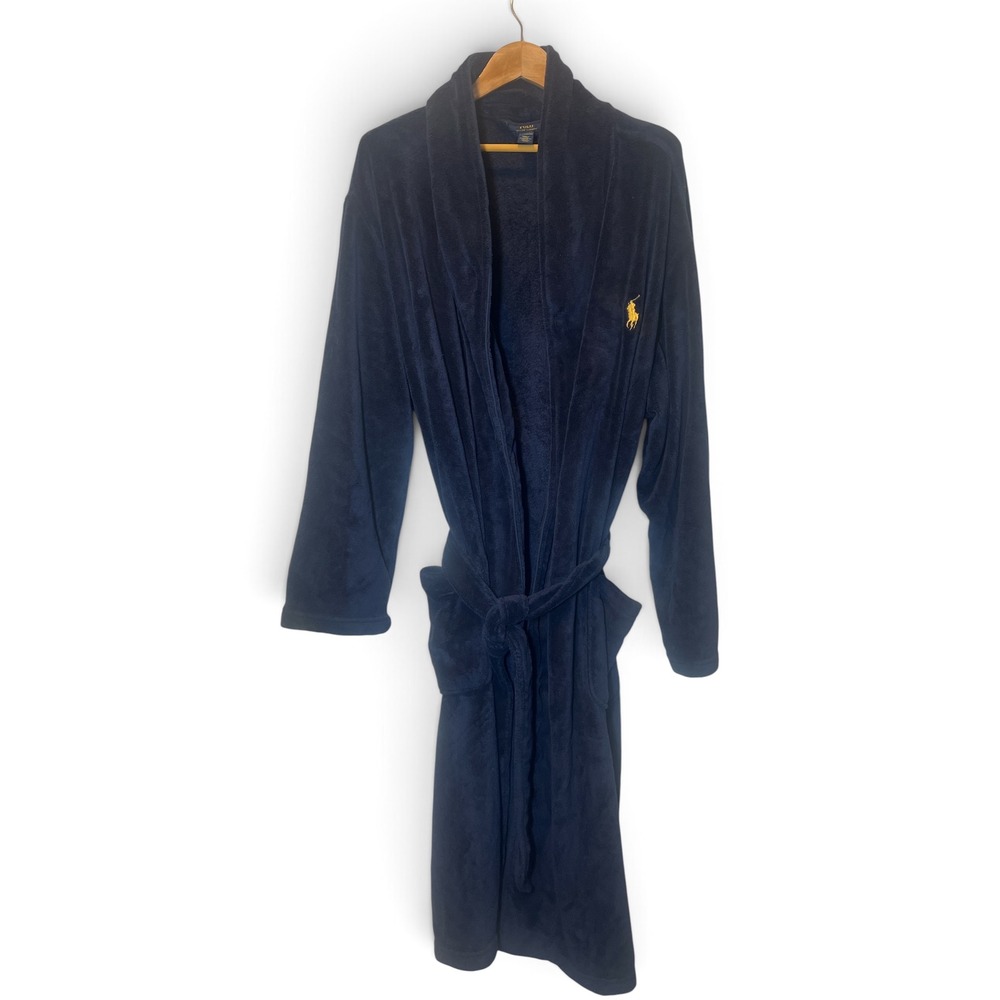 Polo Ralph Lauren Mens L XL Navy Plush Fleece Robe Gold Pony Shawl Collar